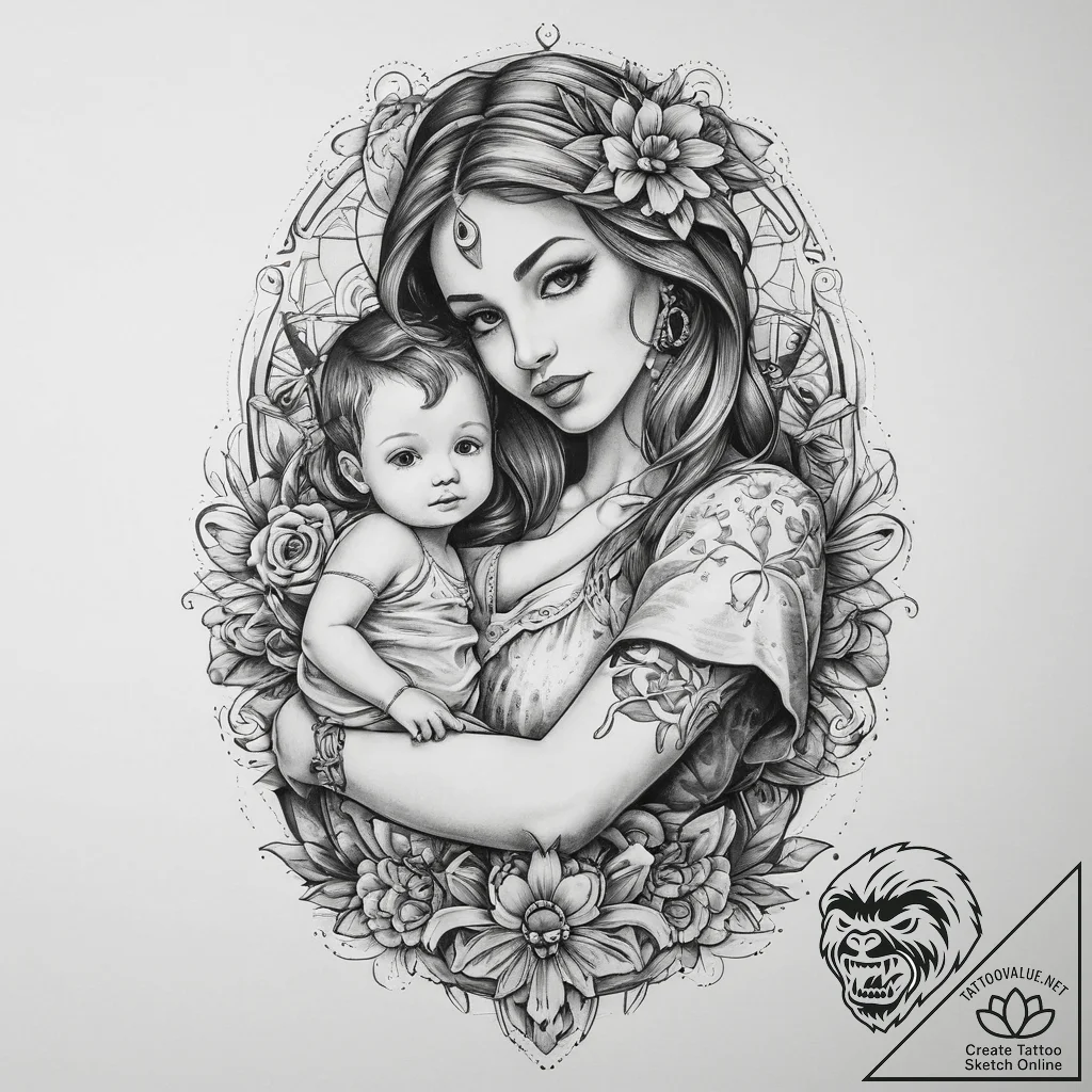 Tattoo sketch mary with child, concept art fo... - tattoo sketch (№1759386878_0, 02.10.2025 06:34) — tattoovalue.net