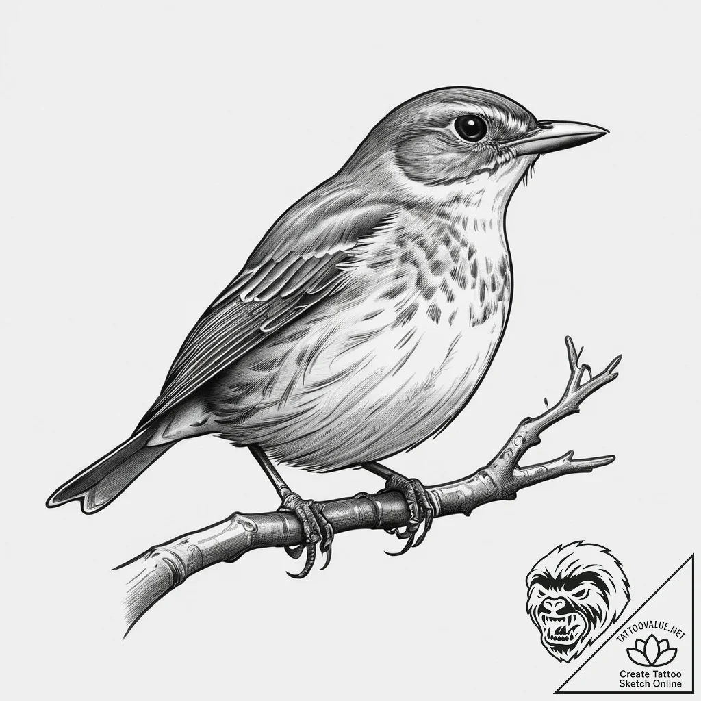 Tattoo sketch gray-cheeked thrush, tattoo lin... - tattoo sketch (№1759402724_0, 02.10.2025 10:58) — tattoovalue.net