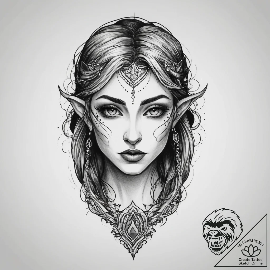 Tattoo sketch half-elf charm, concept art for... - tattoo sketch (№1759405915_0, 02.10.2025 11:51) — tattoovalue.net