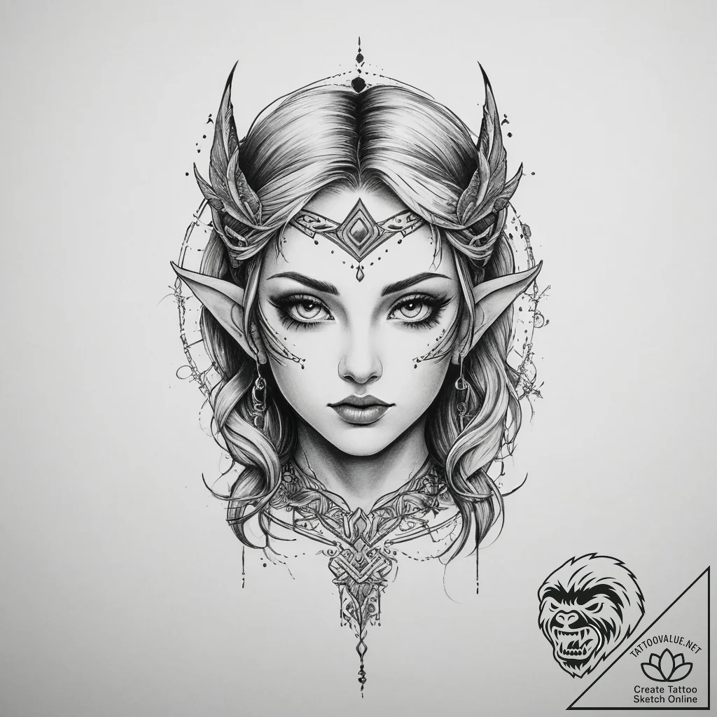 Tattoo sketch half-elf charm, concept art for... - tattoo sketch (№1759416150_0, 02.10.2025 14:42) — tattoovalue.net