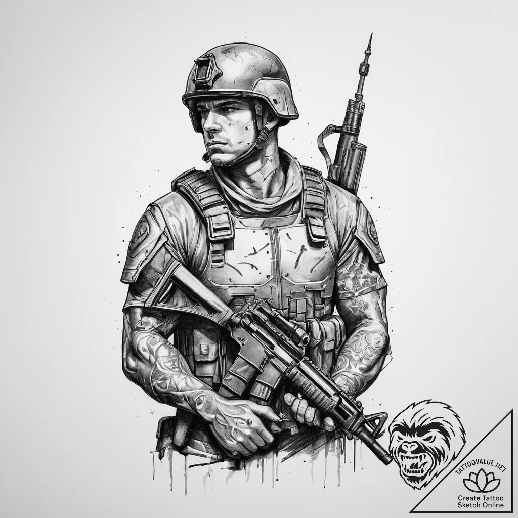 Tattoo sketch soldier with a brush, tattoo dr... - tattoo sketch (№1759428785_0, 02.10.2025 18:13) — tattoovalue.net