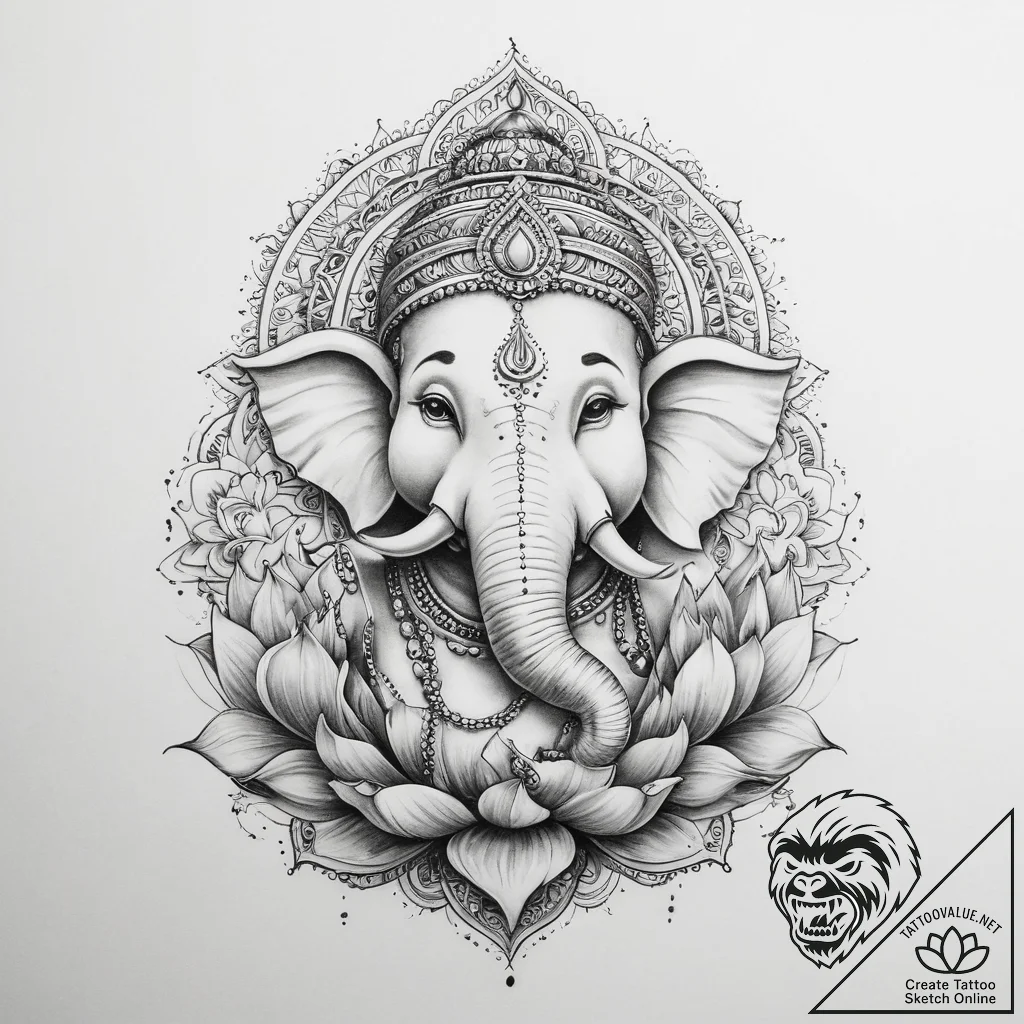 Tattoo sketch ganesha with a lotus - tattoo sketch (№1759430184_0, 02.10.2025 18:36) — tattoovalue.net