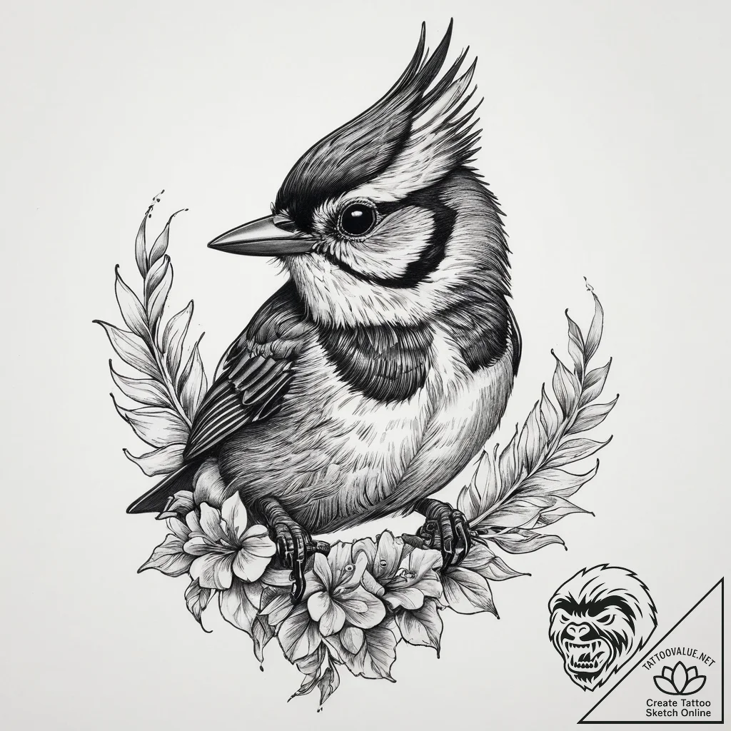 Tattoo sketch crested tit, tattoo line art, n... - tattoo sketch (№1759431373_0, 02.10.2025 18:56) — tattoovalue.net
