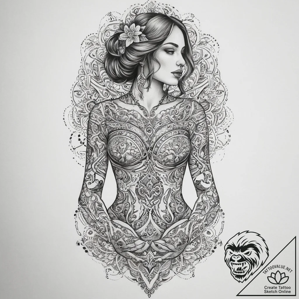 Tattoo sketch wedding dress with a quote, con... - tattoo sketch (№1759434332_0, 02.10.2025 19:45) — tattoovalue.net