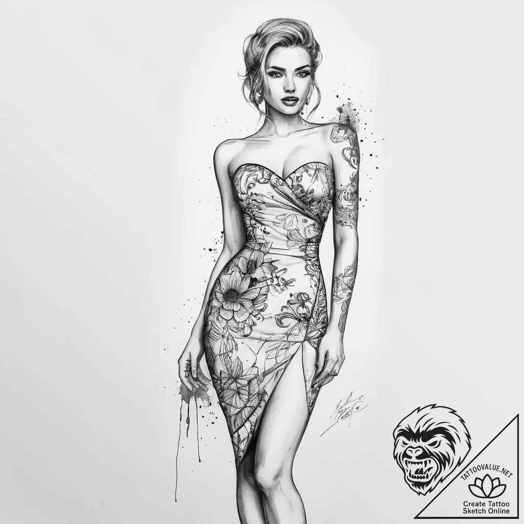 Tattoo sketch cocktail dress with a quote, co... - tattoo sketch (№1759435709_0, 02.10.2025 20:08) — tattoovalue.net