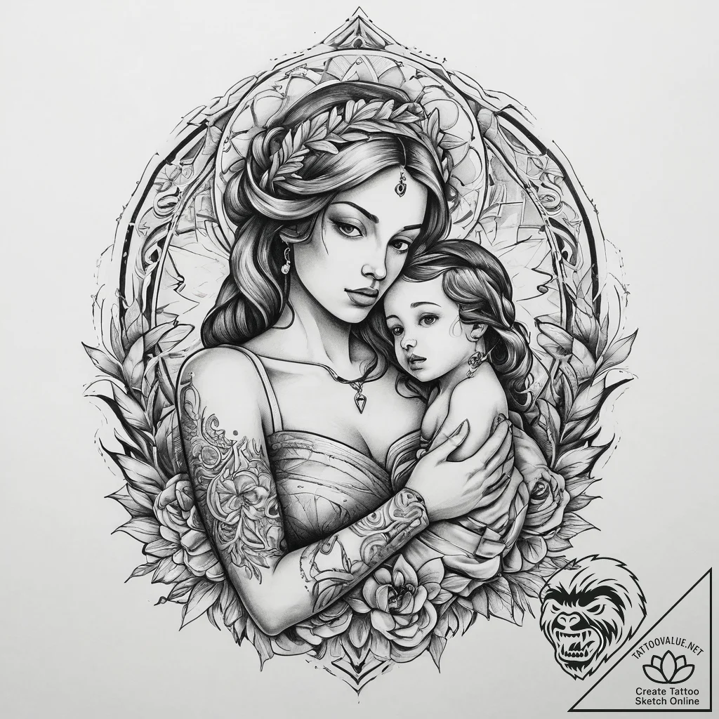 Tattoo sketch mary with child, concept art fo... - tattoo sketch (№1759448653_0, 02.10.2025 23:44) — tattoovalue.net