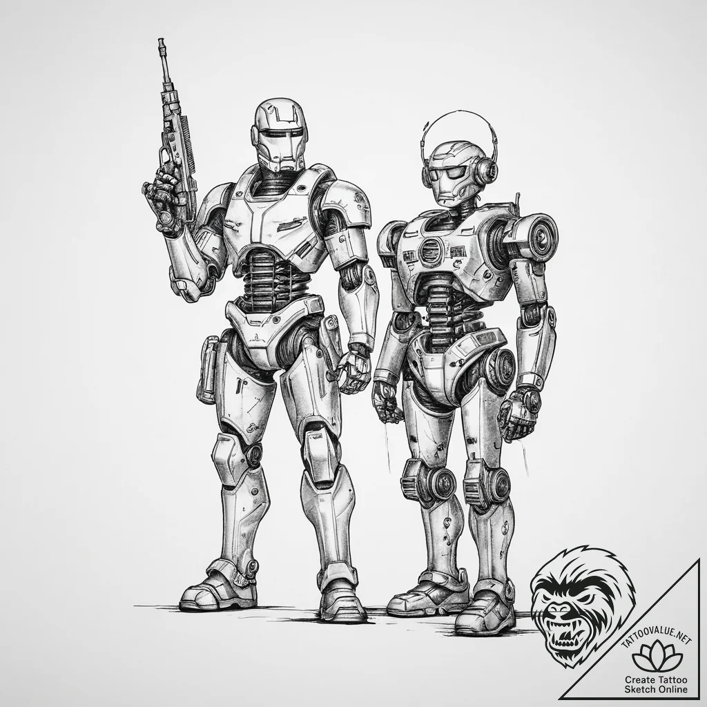 Tattoo sketch soldier with a robot - tattoo sketch (№1759454756_0, 03.10.2025 01:25) — tattoovalue.net
