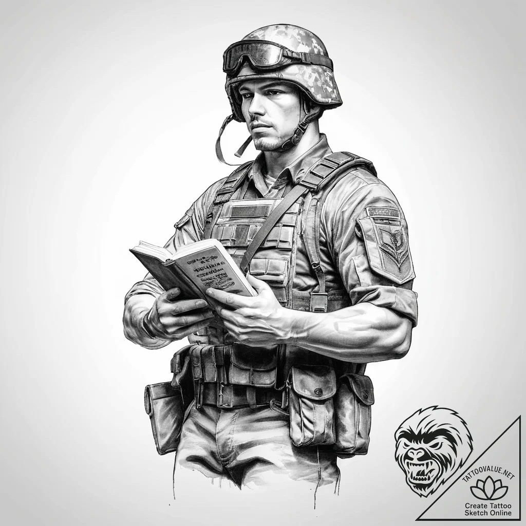 Tattoo sketch soldier with a book - tattoo sketch (№1759456751_0, 03.10.2025 01:59) — tattoovalue.net