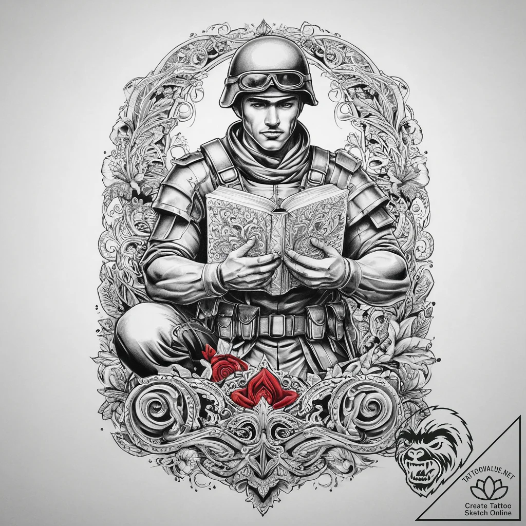 Tattoo sketch soldier with a book, ink illust... - tattoo sketch (№1759478445_0, 03.10.2025 08:00) — tattoovalue.net