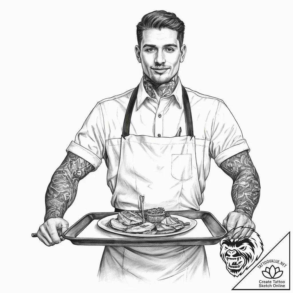 Tattoo sketch waiter serving tray and dish, c... - tattoo sketch (№1759478877_0, 03.10.2025 08:07) — tattoovalue.net