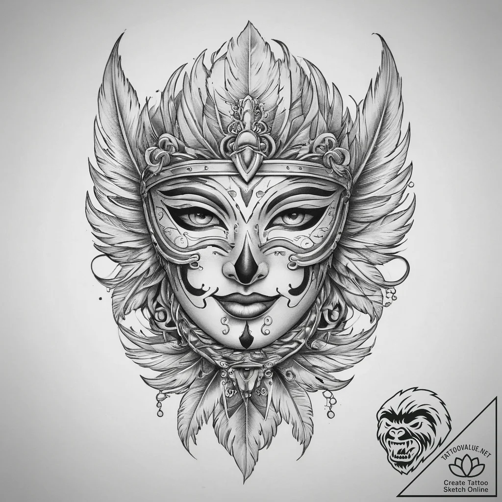 Tattoo sketch feathered mask tattoo, ink illu... - tattoo sketch (№1759487641_0, 03.10.2025 10:34) — tattoovalue.net
