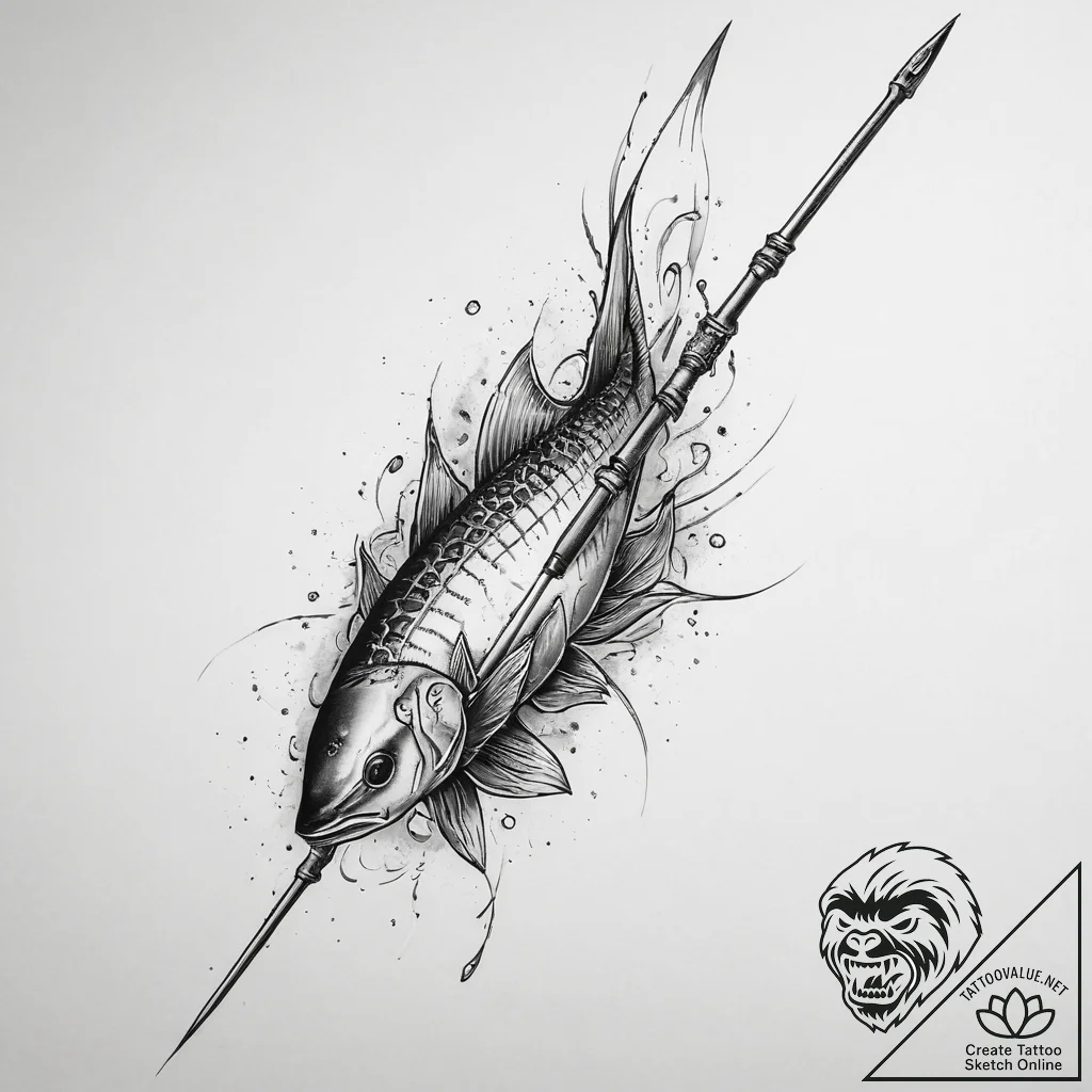 Tattoo sketch spearfishing a spear with a fis... - tattoo sketch (№1759487858_0, 03.10.2025 10:37) — tattoovalue.net