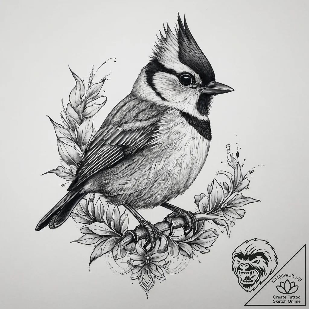 Tattoo sketch crested tit, tattoo line art, n... - tattoo sketch (№1759493120_0, 03.10.2025 12:05) — tattoovalue.net