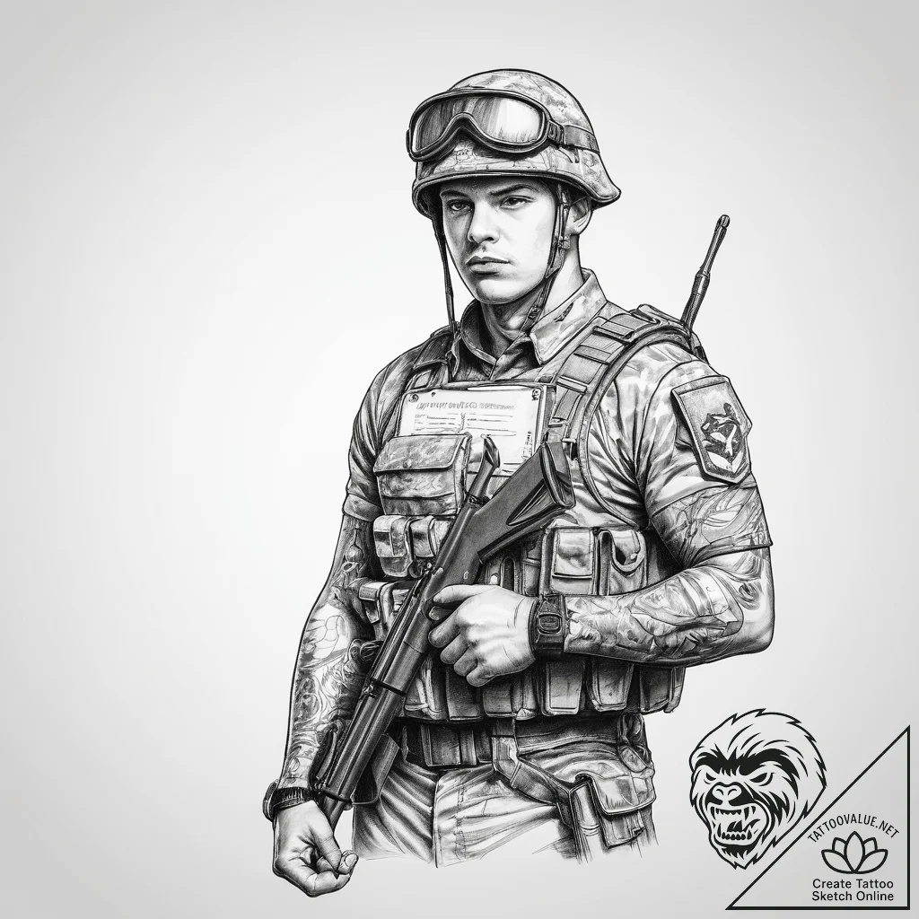 Tattoo sketch soldier with a document - tattoo sketch (№1759495718_0, 03.10.2025 12:48) — tattoovalue.net