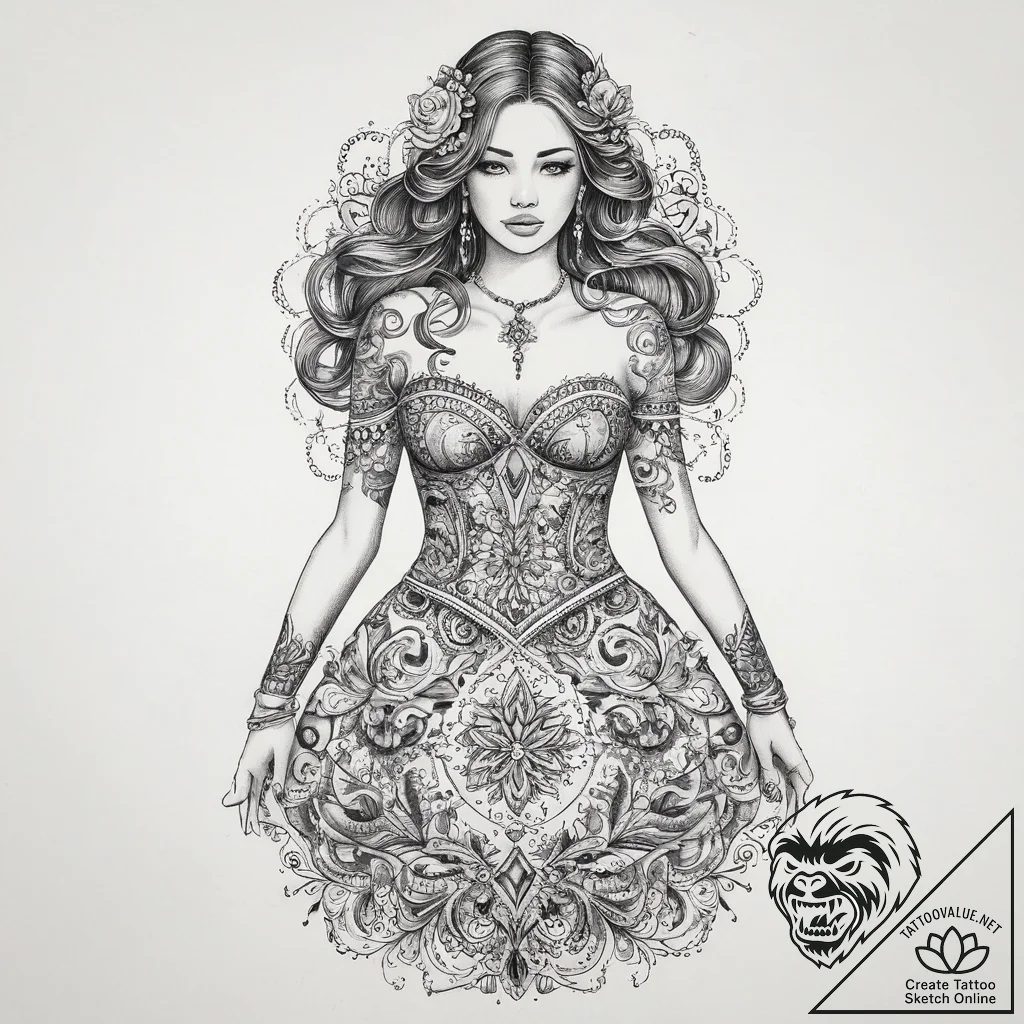 Tattoo sketch wedding dress with a quote, con... - tattoo sketch (№1759496370_0, 03.10.2025 12:59) — tattoovalue.net