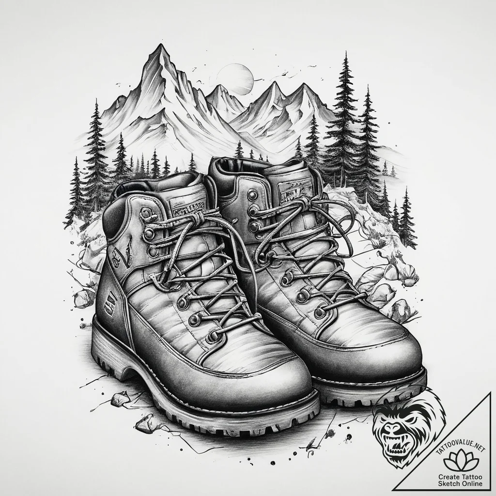 Tattoo sketch hiking hiking boots and a trail... - tattoo sketch (№1759507292_0, 03.10.2025 16:01) — tattoovalue.net