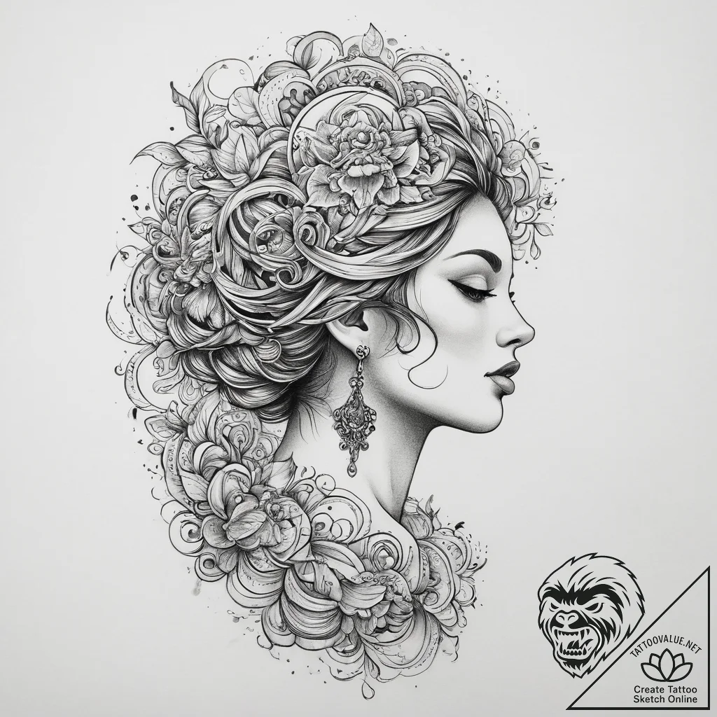 Tattoo sketch graceful woman, artistic tattoo... - tattoo sketch (№1759508174_0, 03.10.2025 16:16) — tattoovalue.net