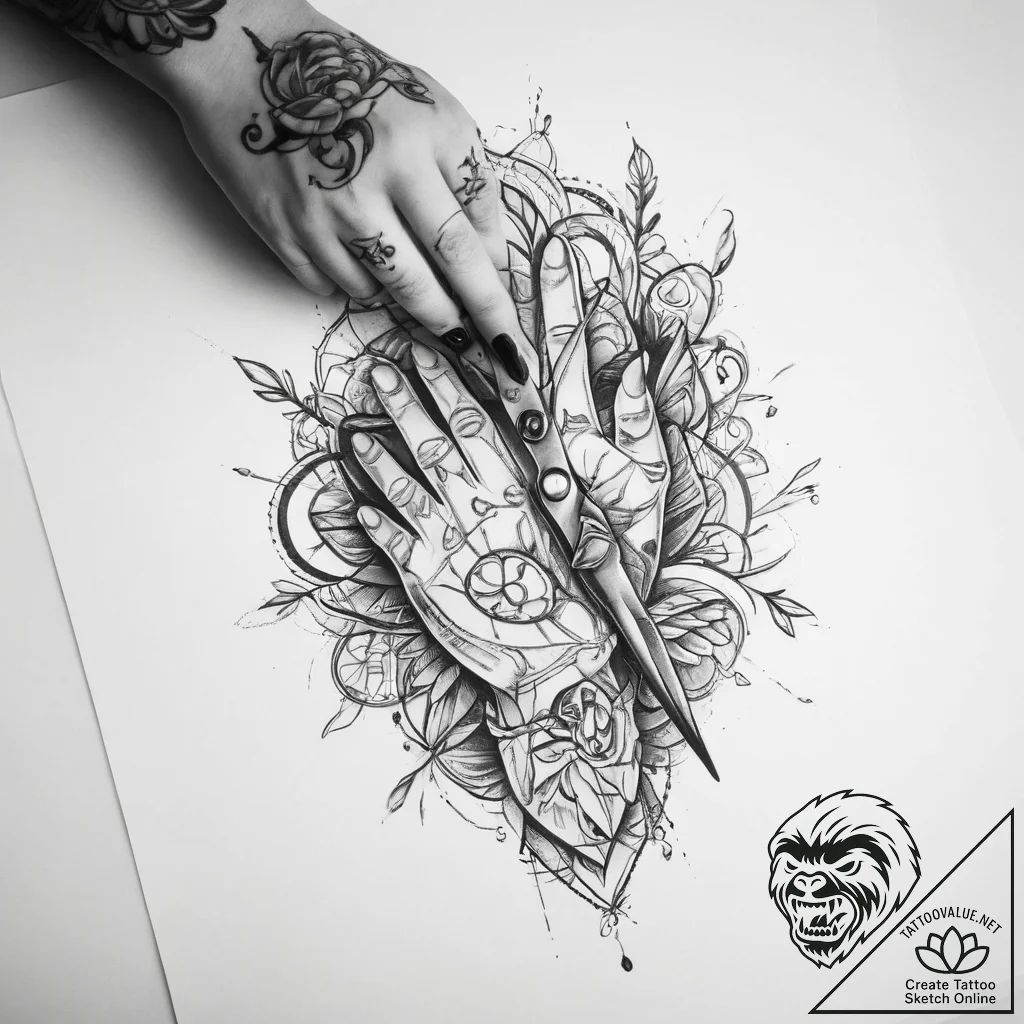 Tattoo sketch hands with a scissors - tattoo sketch (№1759514485_0, 03.10.2025 18:01) — tattoovalue.net