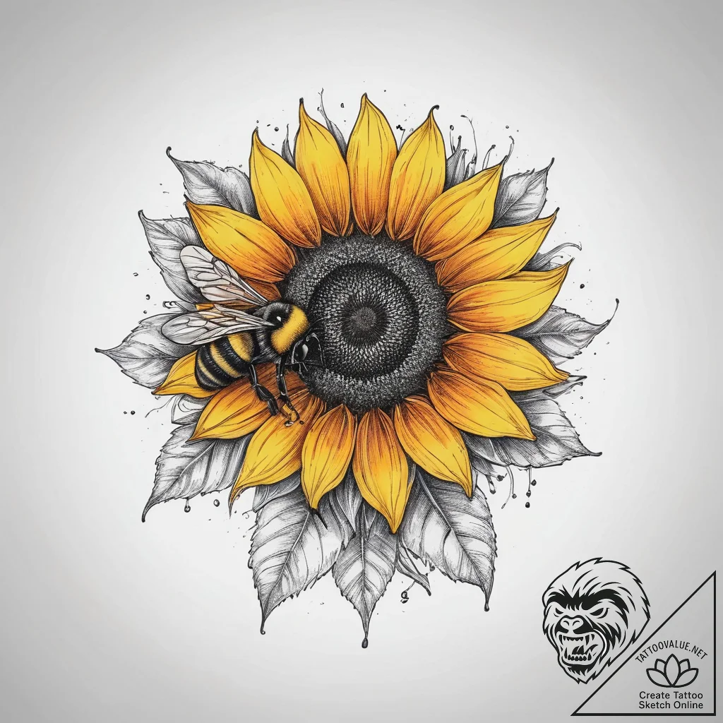 Tattoo sketch sunflower with a bumblebee, con... - tattoo sketch (№1759520369_0, 03.10.2025 19:39) — tattoovalue.net