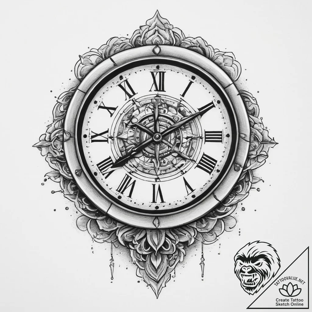 Tattoo sketch clock showing time of crime, in... - tattoo sketch (№1759522551_0, 03.10.2025 20:15) — tattoovalue.net
