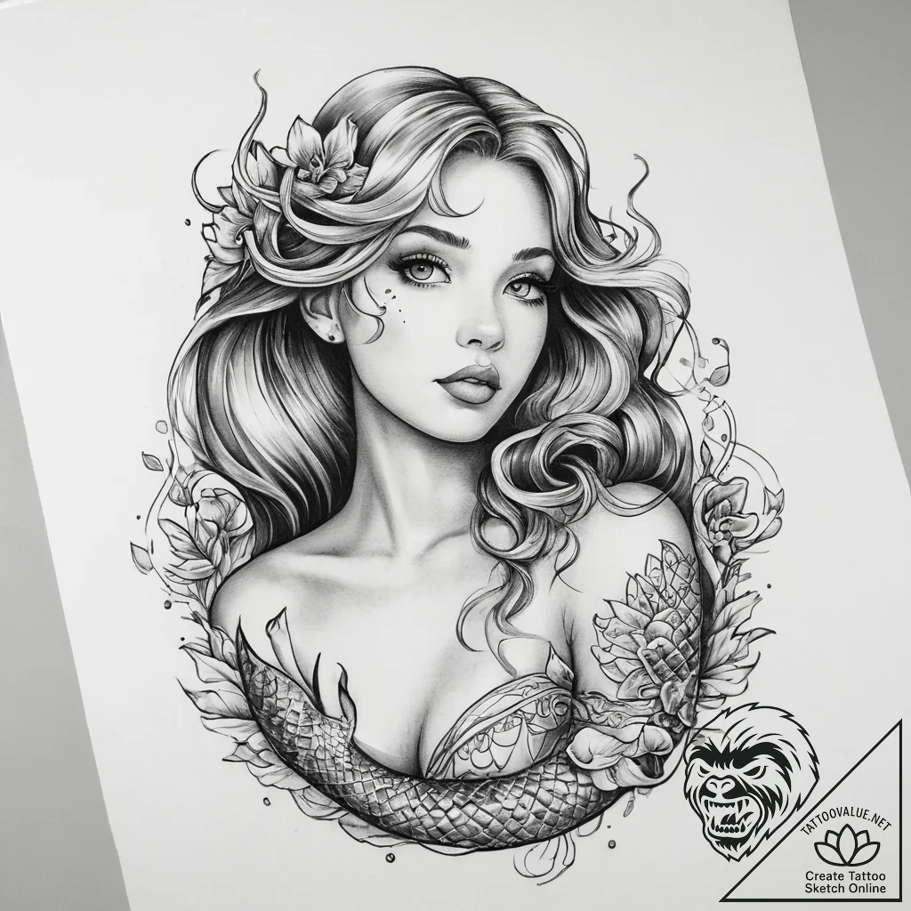 Tattoo sketch mermaid tattoo - tattoo sketch (№1759528260_0, 03.10.2025 21:51) — tattoovalue.net