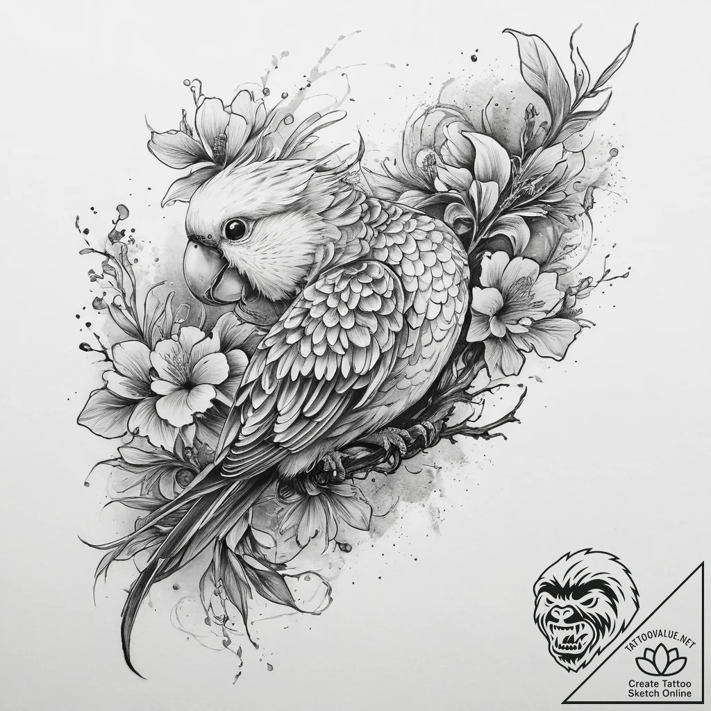 Tattoo sketch budgie, concept art for tattoo,... - tattoo sketch (№1759530674_0, 03.10.2025 22:31) — tattoovalue.net