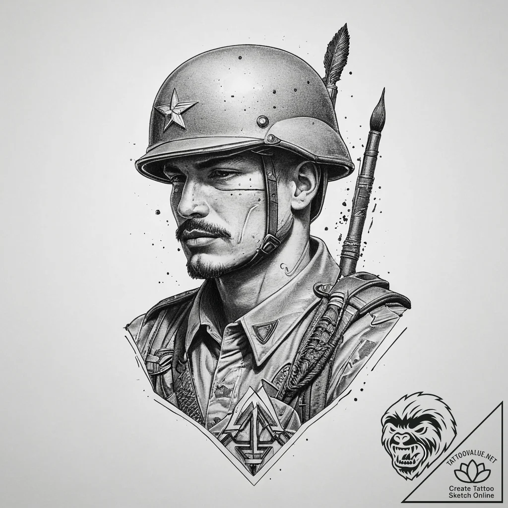 Tattoo sketch soldier with a brush, tattoo li... - tattoo sketch (№1759533286_0, 03.10.2025 23:14) — tattoovalue.net