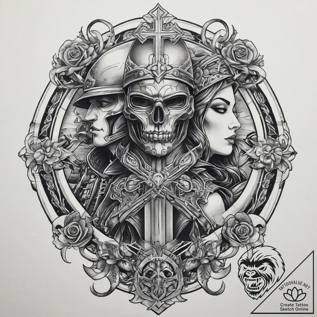 Tattoo sketch soldier with a villain, tattoo... - tattoo sketch (№1759539201_0, 04.10.2025 00:53) — tattoovalue.net