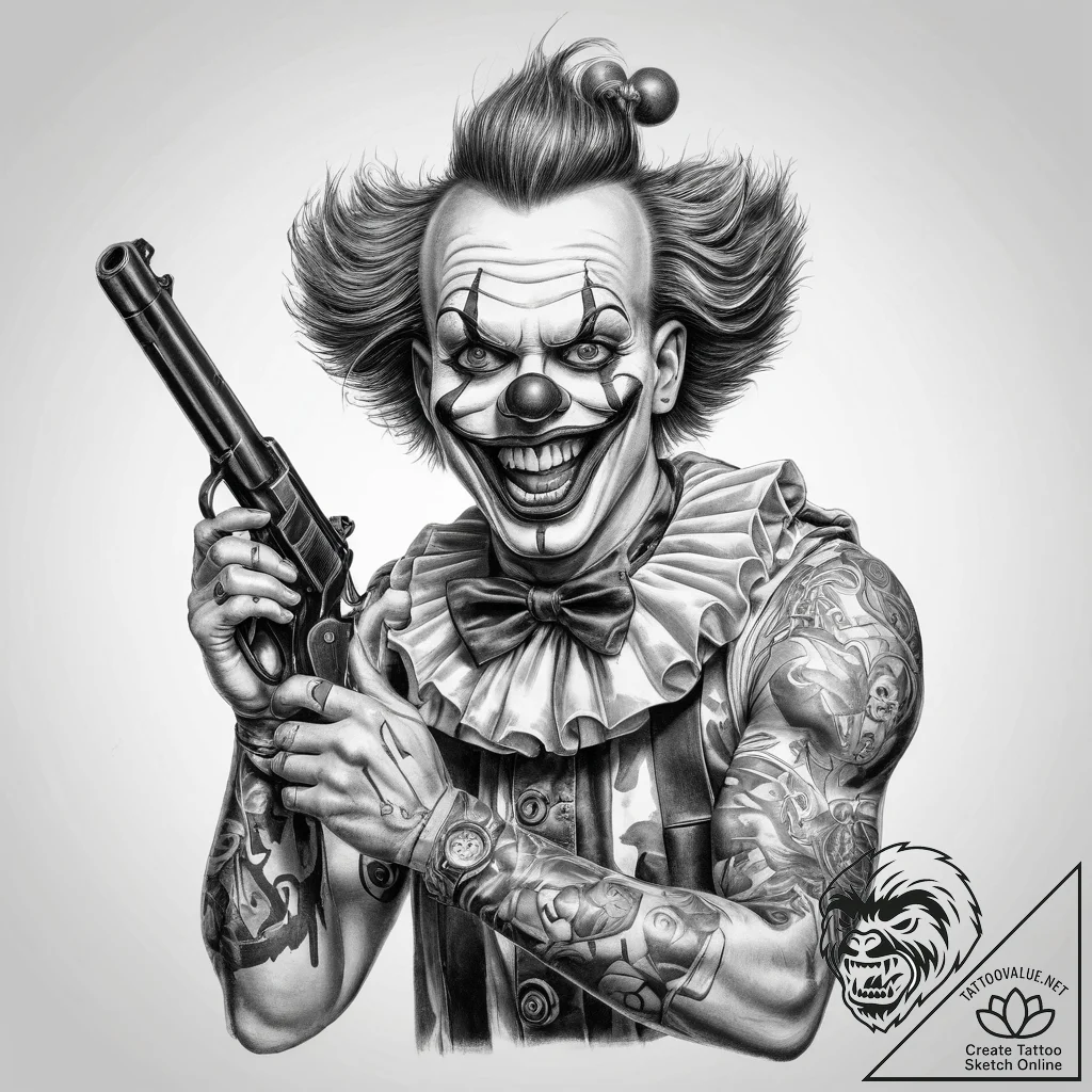 Tattoo sketch clown with a gun - tattoo sketch (№1759546967_0, 04.10.2025 03:02) — tattoovalue.net