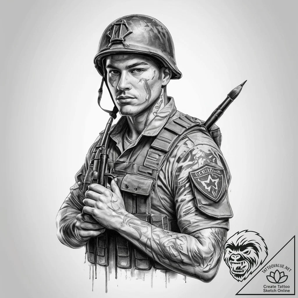 Tattoo sketch soldier with a brush - tattoo sketch (№1759548926_0, 04.10.2025 03:35) — tattoovalue.net