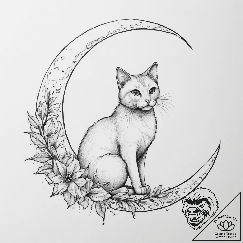 Tattoo sketch crescent moon with a cat - tattoo sketch (№1759555425_0, 04.10.2025 05:23) — tattoovalue.net