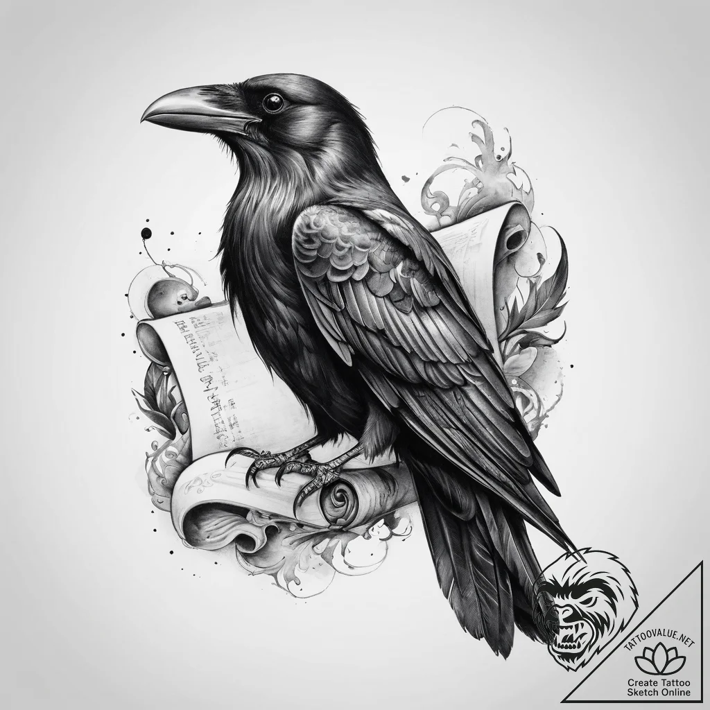 Tattoo sketch a raven with a scroll - tattoo sketch (№1759557381_0, 04.10.2025 05:56) — tattoovalue.net