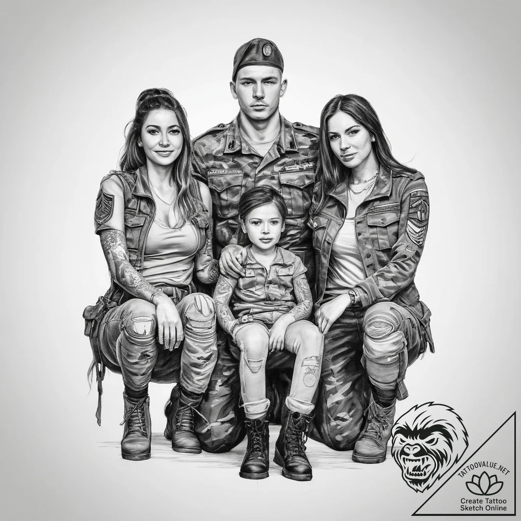 Tattoo sketch soldier with a family - tattoo sketch (№1759559547_0, 04.10.2025 06:32) — tattoovalue.net