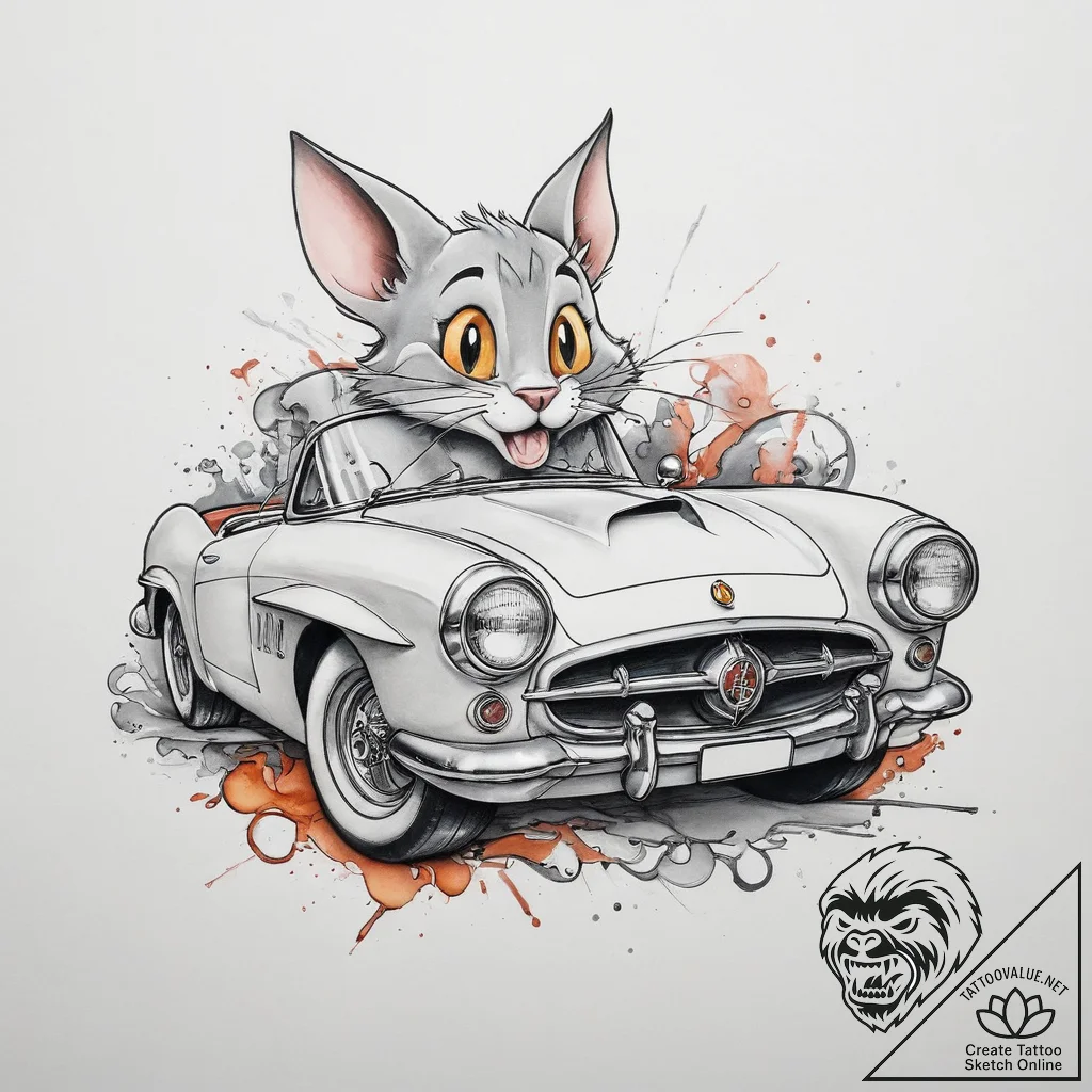 Tattoo sketch tom and jerry with a car, tatto... - tattoo sketch (№1759566478_0, 04.10.2025 08:27) — tattoovalue.net