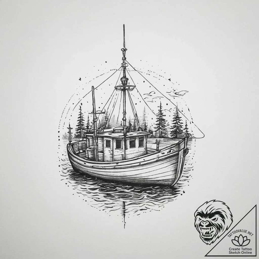Tattoo sketch fishing a fishing boat, concept... - tattoo sketch (№1759574055_0, 04.10.2025 10:34) — tattoovalue.net