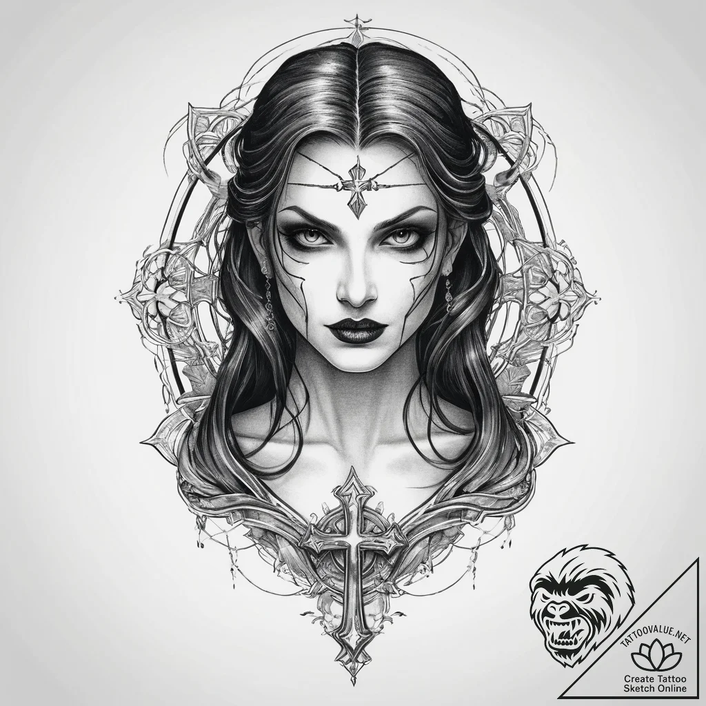 Tattoo sketch vampire with a cross, tattoo li... - tattoo sketch (№1759579247_0, 04.10.2025 12:00) — tattoovalue.net