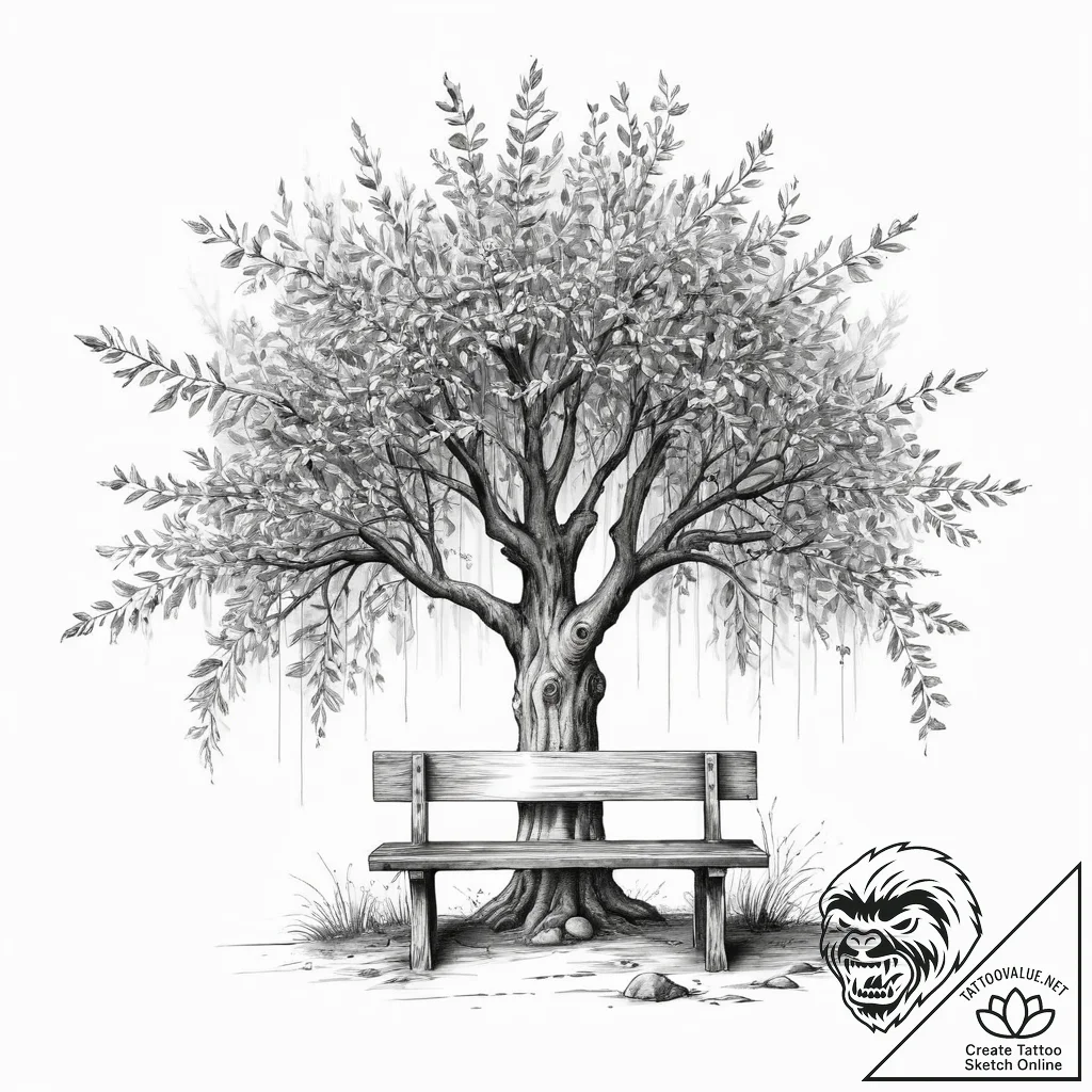Tattoo sketch willow tree with a bench, tatto... - tattoo sketch (№1759587276_0, 04.10.2025 14:14) — tattoovalue.net