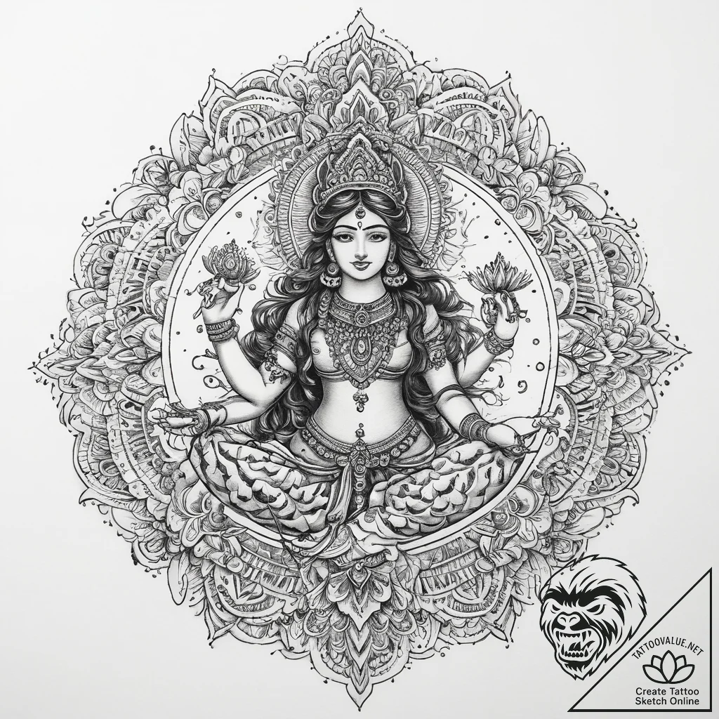 Tattoo sketch goddess lakshmi, ink illustrati... - tattoo sketch (№1759596844_0, 04.10.2025 16:54) — tattoovalue.net