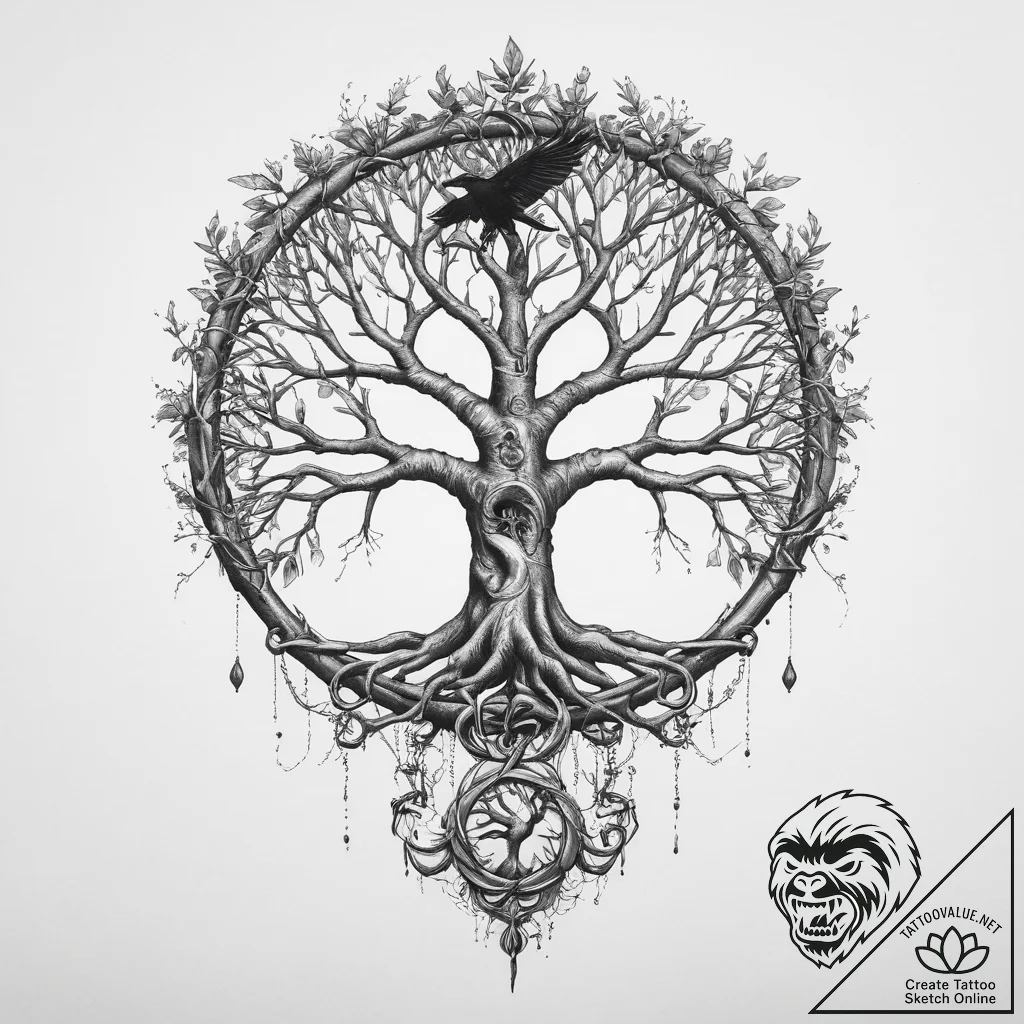 Tattoo sketch yggdrasil and raven - tattoo sketch (№1759605610_0, 04.10.2025 19:20) — tattoovalue.net