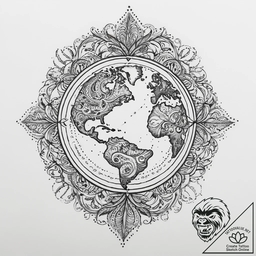 Tattoo sketch earth, ink illustration for tat... - tattoo sketch (№1759614148_0, 04.10.2025 21:42) — tattoovalue.net