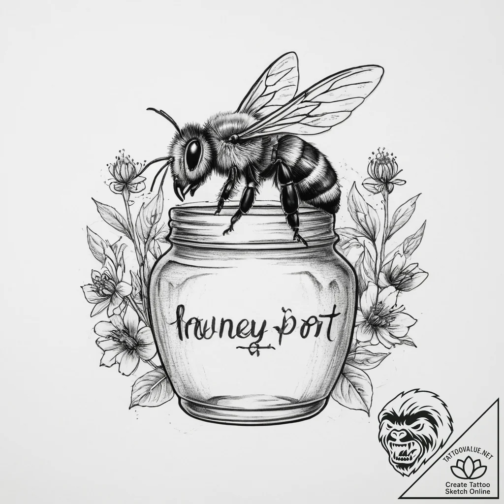 Tattoo sketch honey pot with a bee - tattoo sketch (№1759615306_0, 04.10.2025 22:01) — tattoovalue.net