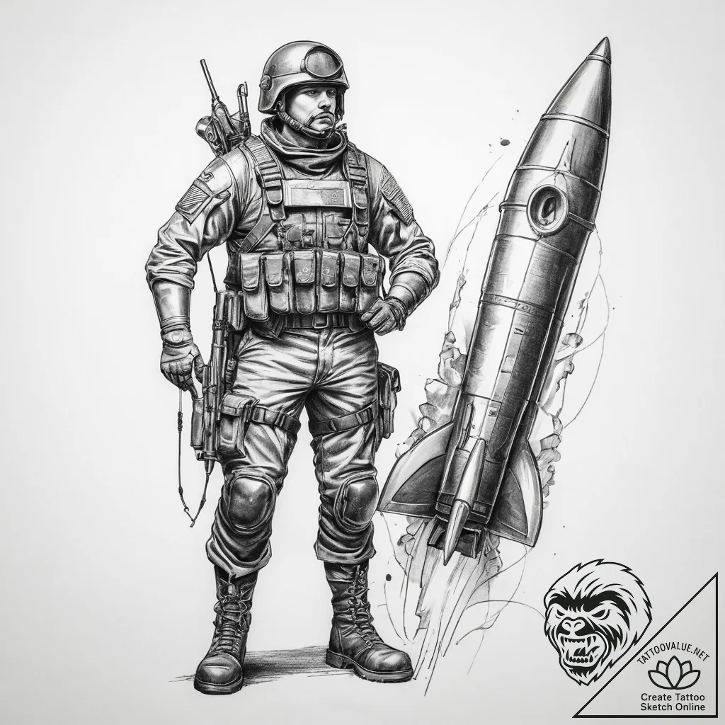 Tattoo sketch soldier with a rocket - tattoo sketch (№1759620154_0, 04.10.2025 23:22) — tattoovalue.net