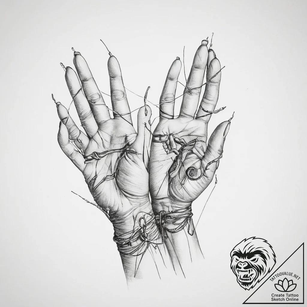 Tattoo sketch hands with a thread - tattoo sketch (№1759623030_0, 05.10.2025 00:10) — tattoovalue.net
