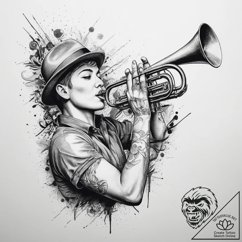 Tattoo sketch jazz age with a trumpet, concep... - tattoo sketch (№1759677159_0, 05.10.2025 15:12) — tattoovalue.net