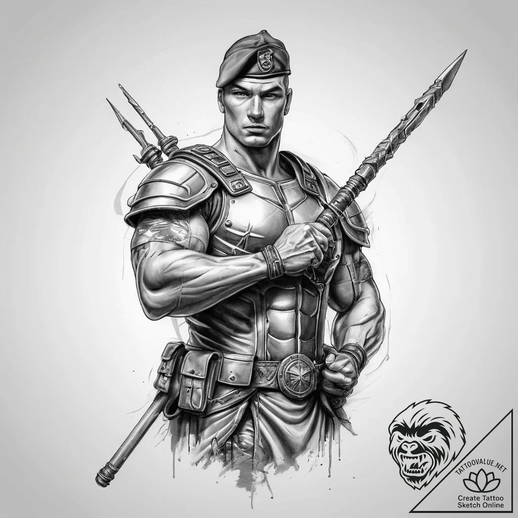 Tattoo sketch soldier with a scepter, ink ill... - tattoo sketch (№1759677592_0, 05.10.2025 15:19) — tattoovalue.net