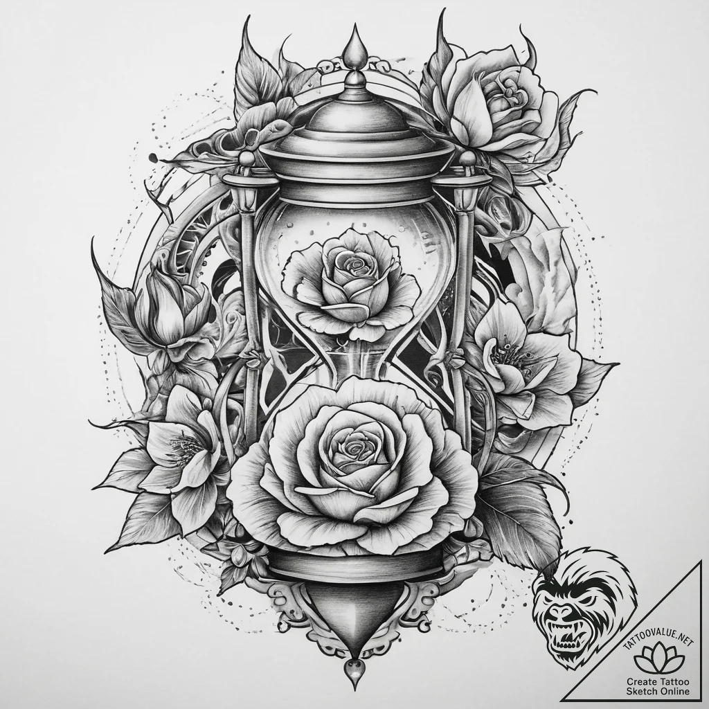 Tattoo sketch hourglass and a rose, tattoo dr... - tattoo sketch (№1759684825_0, 05.10.2025 17:20) — tattoovalue.net
