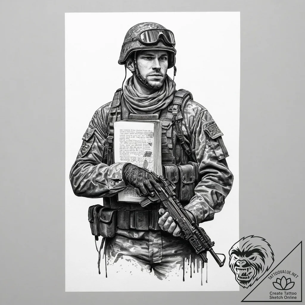 Tattoo sketch soldier with a book, ink illust... - tattoo sketch (№1759685954_0, 05.10.2025 17:39) — tattoovalue.net