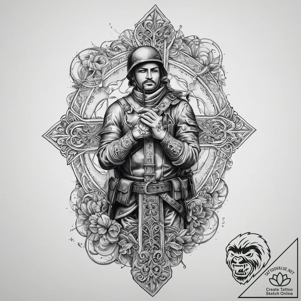 Tattoo sketch soldier with a scroll, ink illu... - tattoo sketch (№1759688184_0, 05.10.2025 18:16) — tattoovalue.net