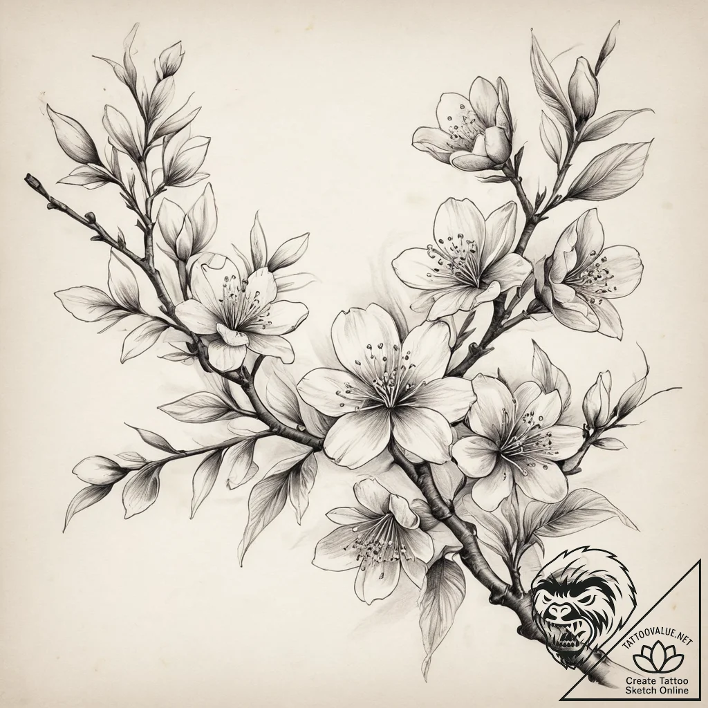 Tattoo sketch peach blossom branch, concept a... - tattoo sketch (№1759688618_0, 05.10.2025 18:23) — tattoovalue.net