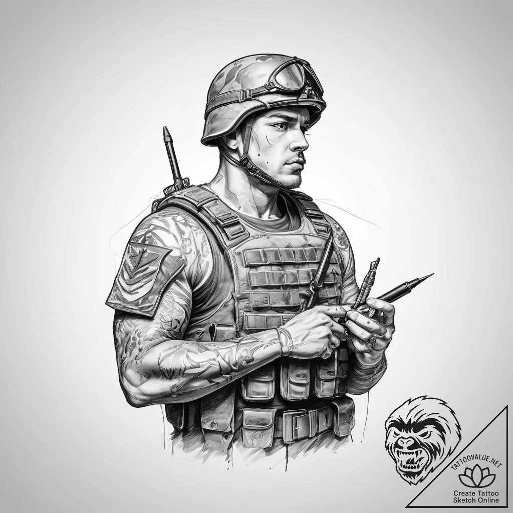Tattoo sketch soldier with a pen - tattoo sketch (№1759691017_0, 05.10.2025 19:03) — tattoovalue.net